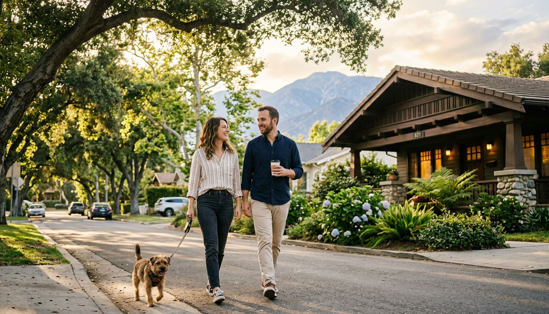 A young couple walking a dog down a tree-lined San Gabriel Valley street with a Craftsman porch on the right and the San Gabriel Mountains in the distance