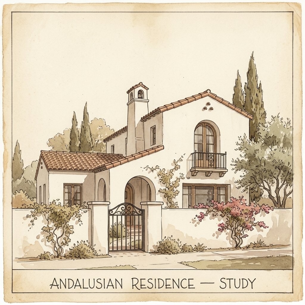 Watercolor presentation rendering of an Andalusian residence in the Wallace Neff manner