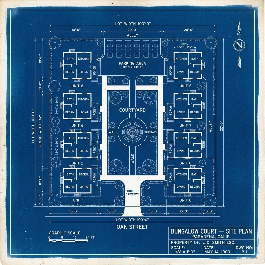 Cyanotype site plan of a bungalow court in the Sylvanus Marston manner