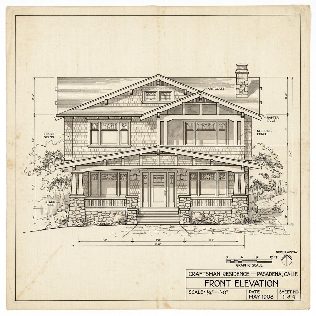 Front elevation of a Craftsman residence in the Greene and Greene manner