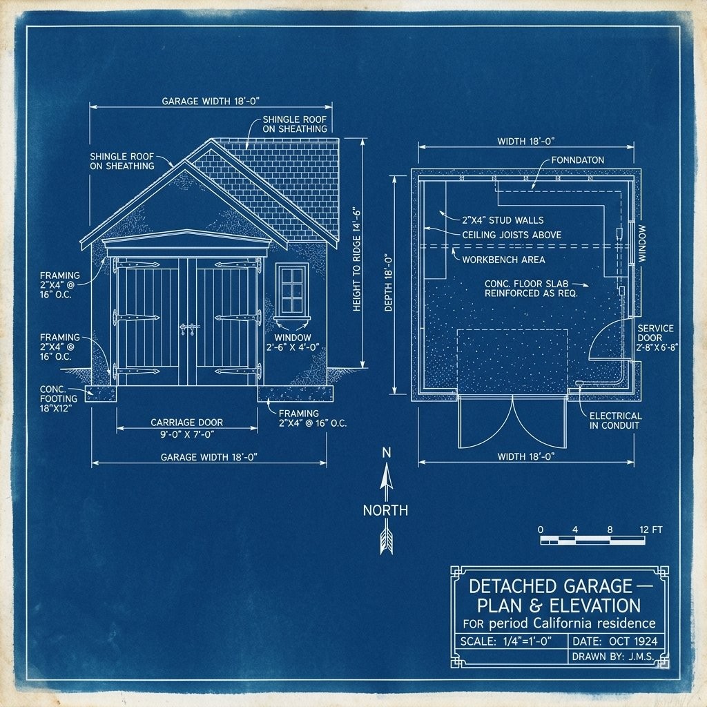 Interpretive cyanotype working drawing of a detached garage