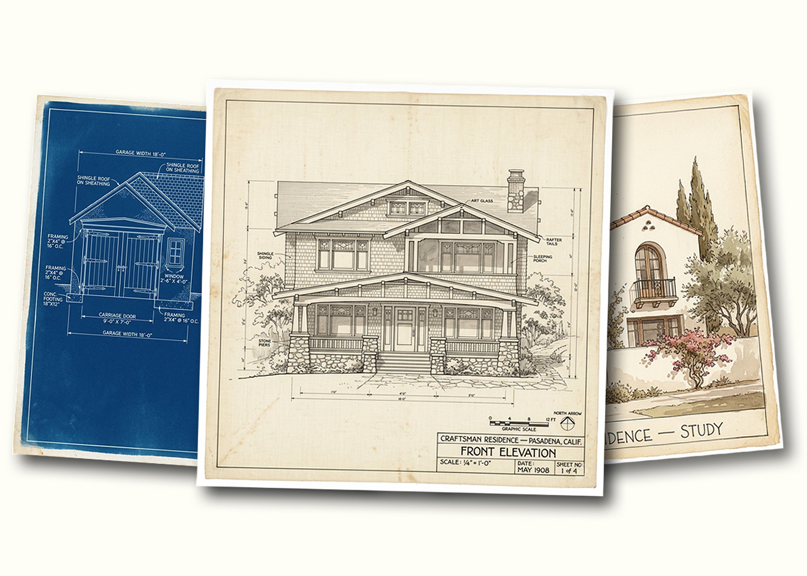 A spread of interpretive architectural drawings on a drafting table: a Craftsman elevation, a Spanish watercolor rendering, and a cyanotype bungalow-court plan