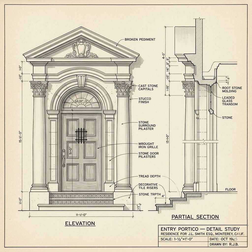 Interpretive entry portico detail study, ink with wash