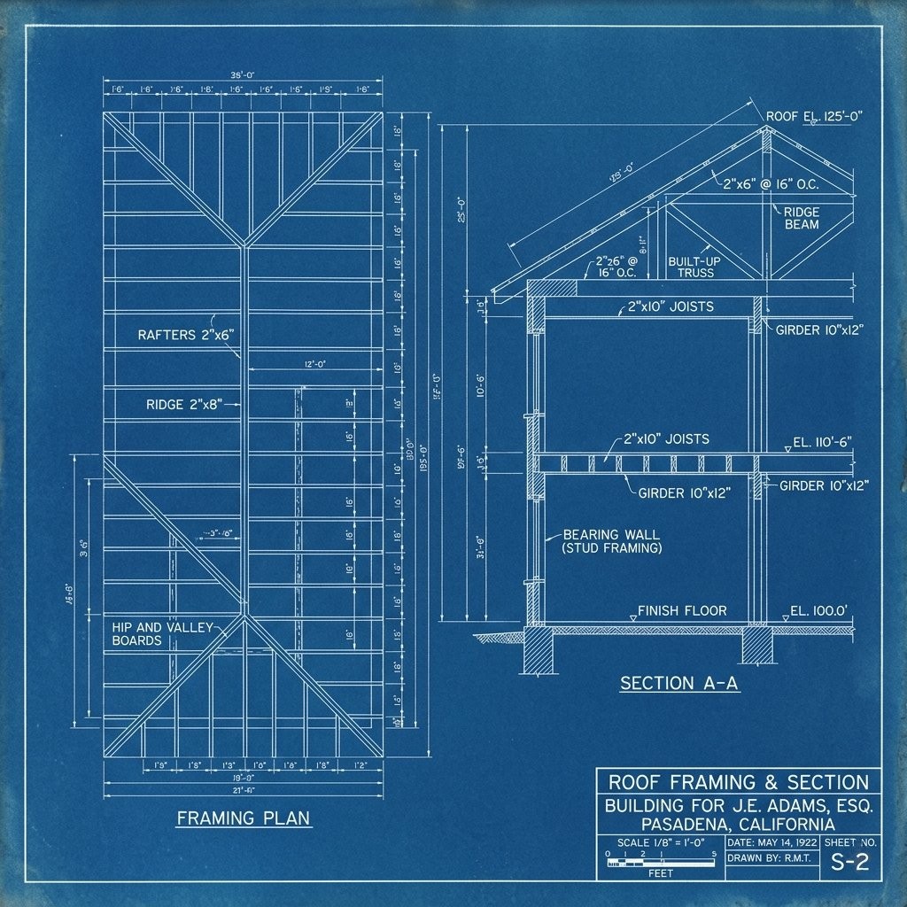Cyanotype roof framing plan and section in the Myron Hunt manner