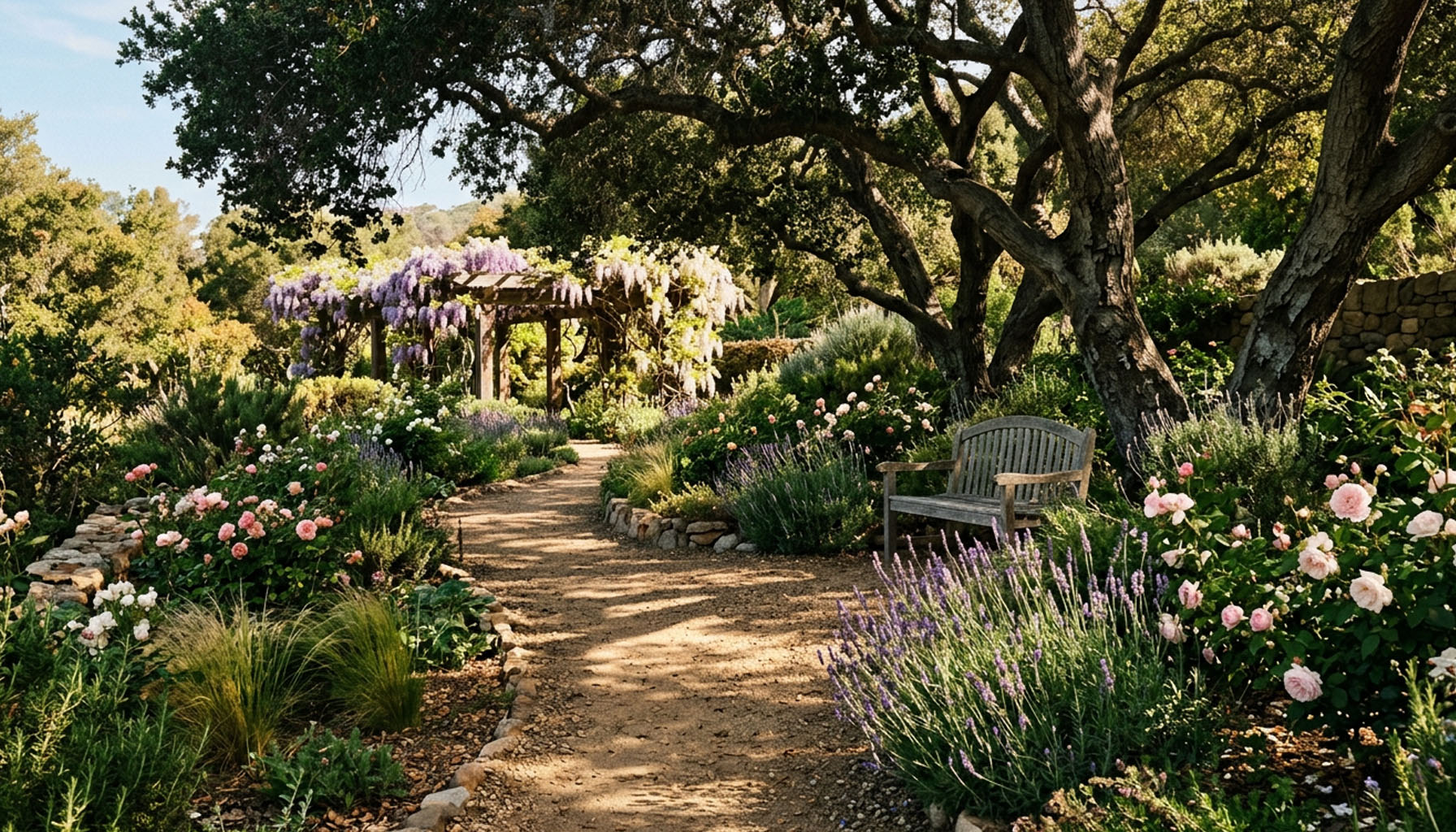 A decomposed-granite garden path winding through mature oaks, lavender, and roses with a wisteria-draped pergola in the distance