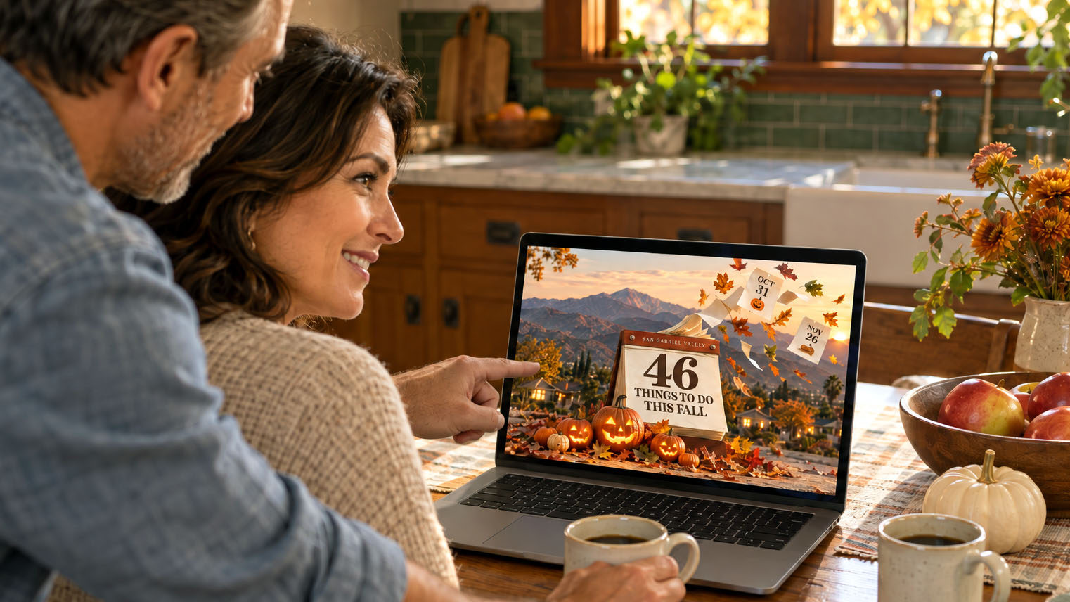 A couple at their kitchen table points at a laptop showing a fall calendar that reads 46 things to do this fall in the San Gabriel Valley, with jack-o'-lanterns and the San Gabriel Mountains. AI-generated image.
